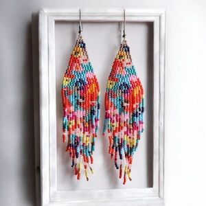 Floral Garden Party pattern Beaded Tassel Earrings. New.